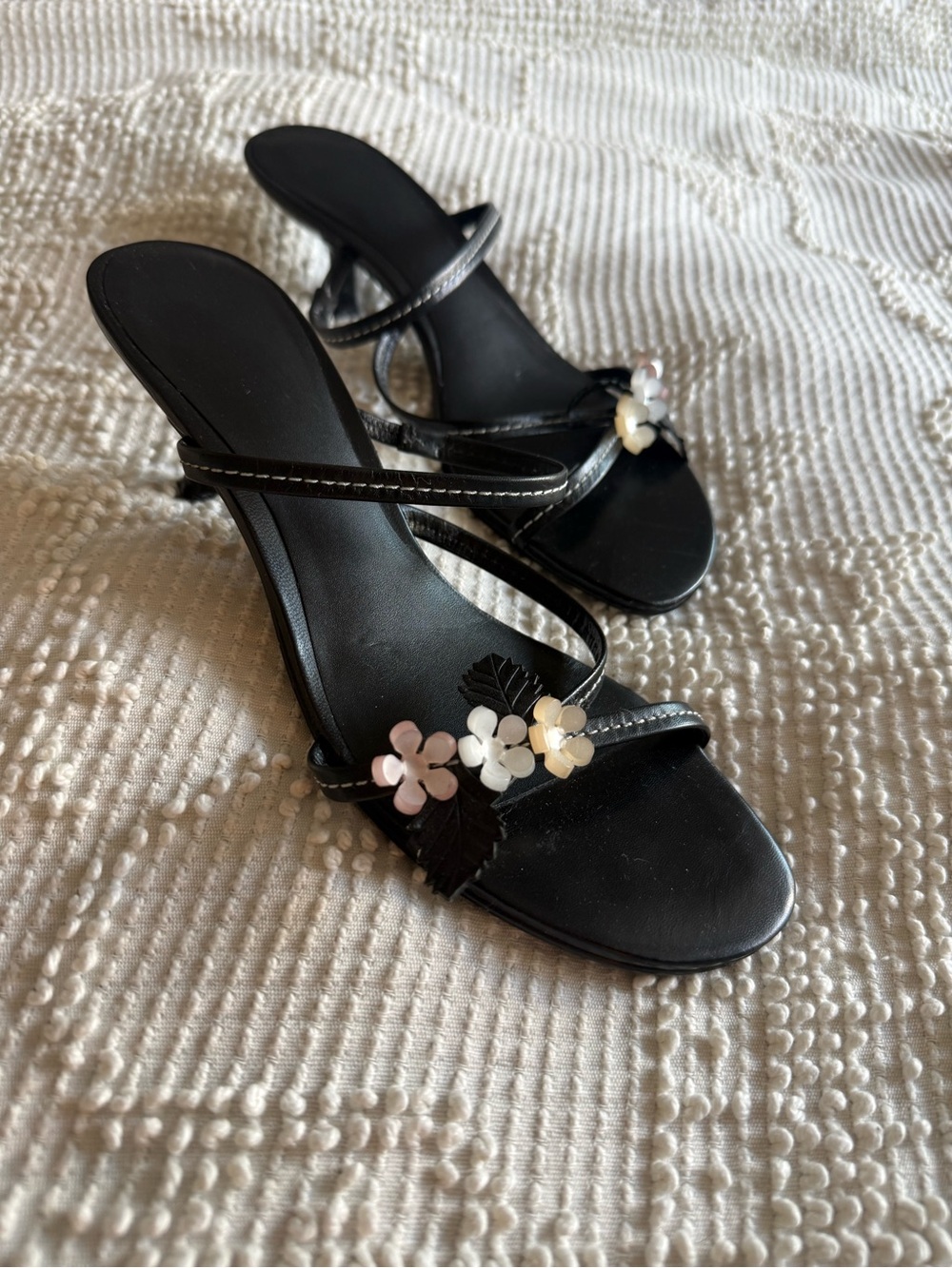 Black Flower Accent Kitten Heel Sandal